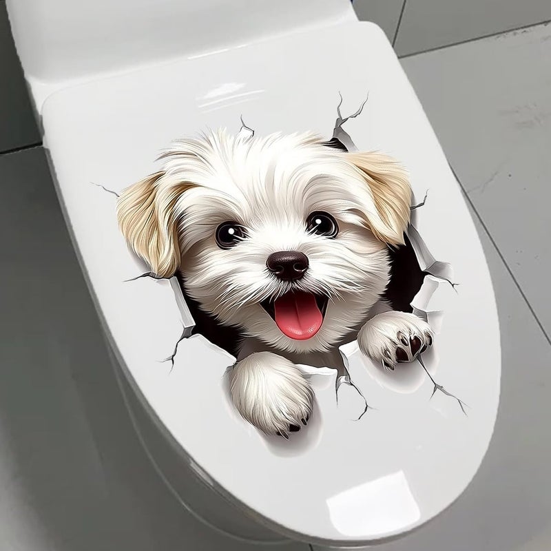 Iprokiu Cute Animal Toilet Sticker Waterproof 3D Funny Dog Cracking Toilet Seat Lid Decal Bathroom Wall Sticker Squirrel Toilet Lid Decal Home Decoration (White Dog) - Image 2